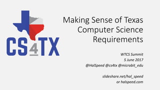 Making Sense of Texas
Computer Science
Requirements
WTCS Summit
5 June 2017
@HalSpeed @cs4tx @microbit_edu
slideshare.net/hal_speed
or halspeed.com
 