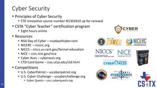 Cyber Security
 Principles of Cyber Security
 CTE innovative course number N1302810 up for renewal
 CSTA “Cyber Teacher...