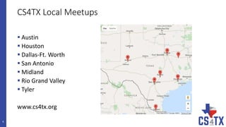 CS4TX Local Meetups
 Austin
 Houston
 Dallas-Ft. Worth
 San Antonio
 Midland
 Rio Grand Valley
 Tyler
www.cs4tx.org
6
 