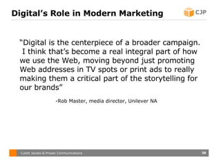 Digital’s Role in Modern Marketing <ul><li>“ Digital is the centerpiece of a broader campaign.  I think that’s become a re...