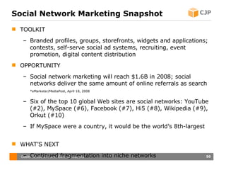 Social Network Marketing Snapshot <ul><li>TOOLKIT </li></ul><ul><ul><li>Branded profiles, groups, storefronts, widgets and...