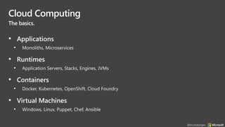 Cloud Computing
The basics.
• Applications
• Monoliths, Microservices
• Runtimes
• Application Servers, Stacks, Engines, JVMs
• Containers
• Docker, Kubernetes, OpenShift, Cloud Foundry
• Virtual Machines
• Windows, Linux, Puppet, Chef, Ansible
@brunoborges
 