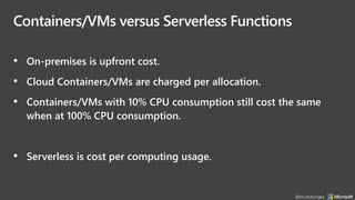Containers/VMs versus Serverless Functions
• On-premises is upfront cost.
• Cloud Containers/VMs are charged per allocation.
• Containers/VMs with 10% CPU consumption still cost the same
when at 100% CPU consumption.
• Serverless is cost per computing usage.
@brunoborges
 