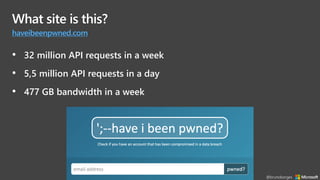 What site is this?
haveibeenpwned.com
• 32 million API requests in a week
• 5,5 million API requests in a day
• 477 GB bandwidth in a week
@brunoborges
 