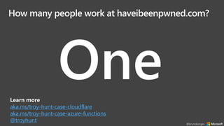How many people work at haveibeenpwned.com?
OneLearn more
aka.ms/troy-hunt-case-cloudflare
aka.ms/troy-hunt-case-azure-functions
@troyhunt @brunoborges
 