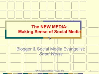 The NEW MEDIA: Making Sense of Social Media Blogger & Social Media Evangelist:  Shari Weiss Performance Social Media February 2010 