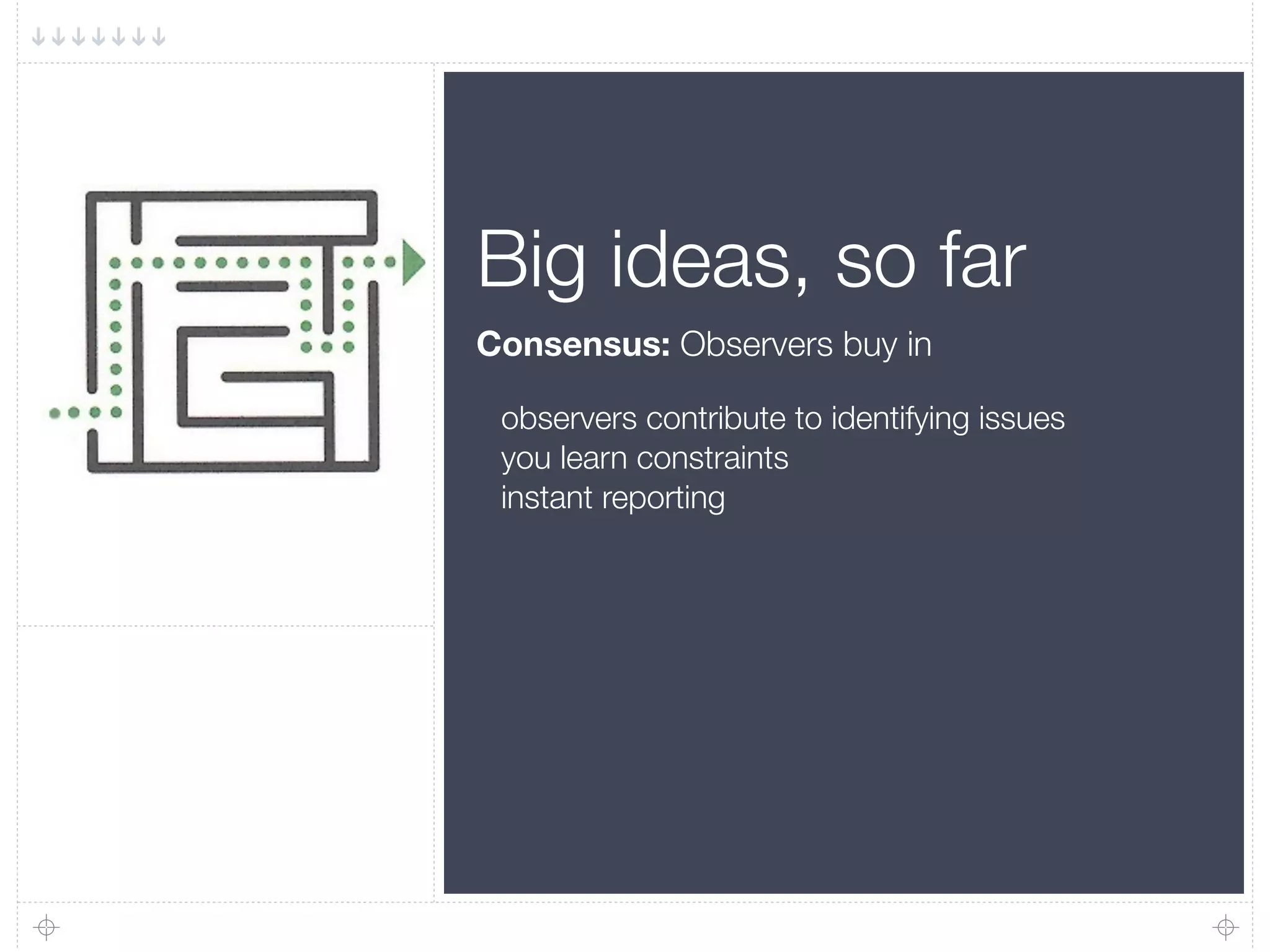 Big ideas, so far
Consensus: Observers buy in

 observers contribute to identifying issues
 you learn constraints
 instant reporting
 