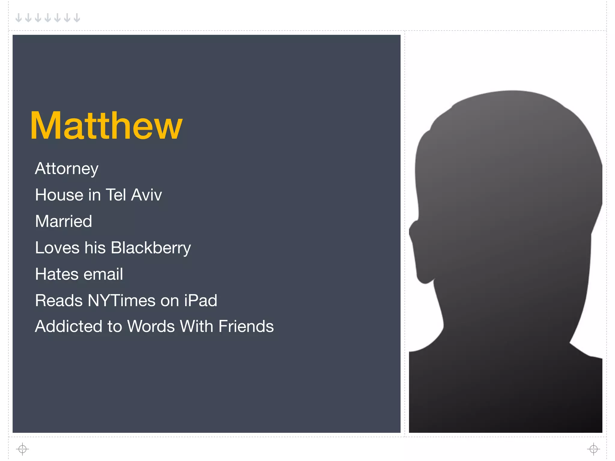 Matthew
Attorney
House in Tel Aviv
Married
Loves his Blackberry
Hates email
Reads NYTimes on iPad
Addicted to Words With Friends
 