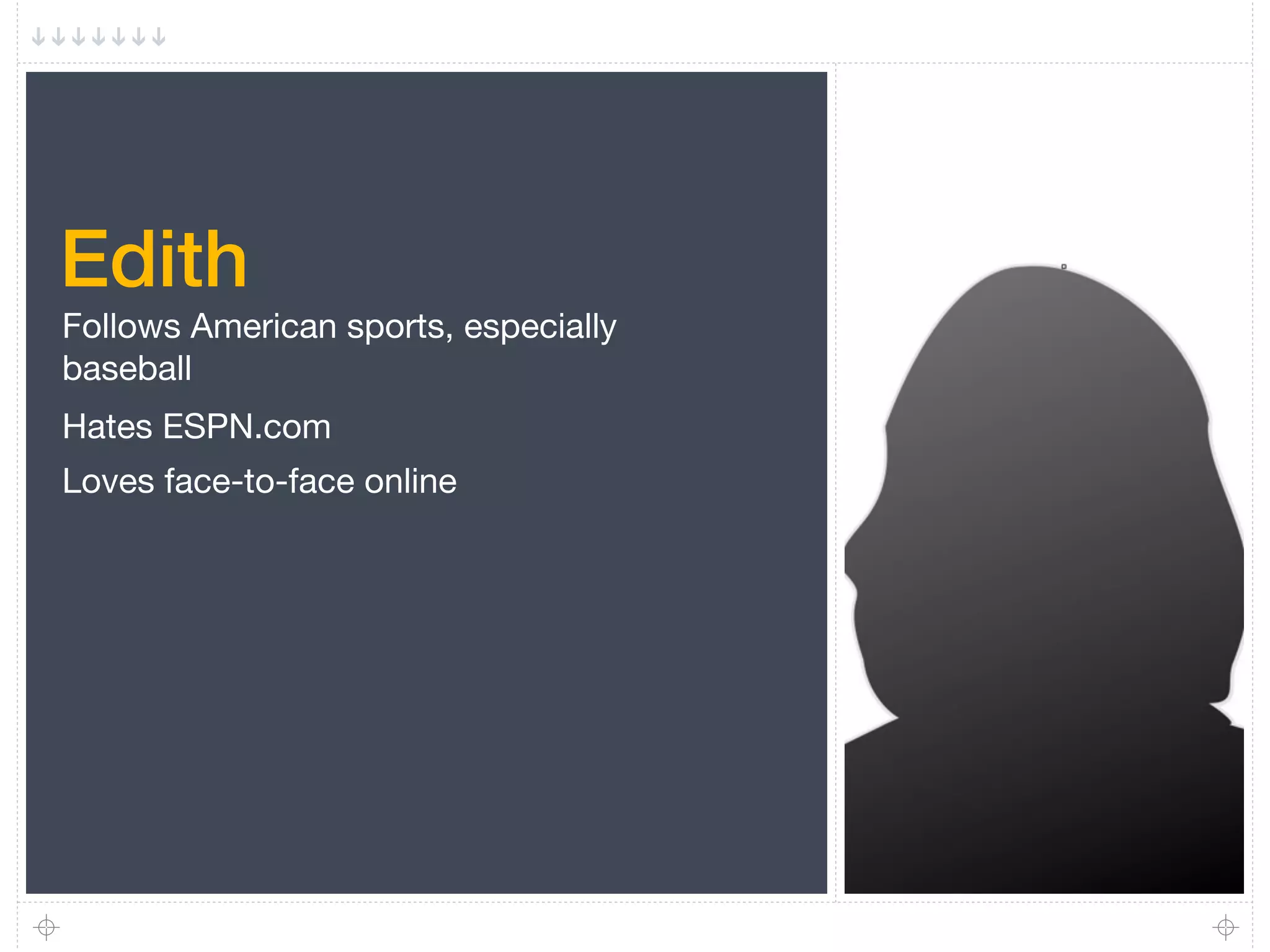 Edith
Follows American sports, especially
baseball
Hates ESPN.com
Loves face-to-face online
 