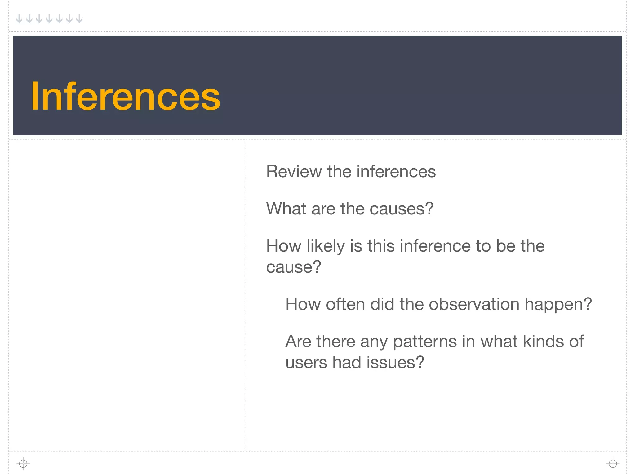 Inferences
             Review the inferences

             What are the causes?

             How likely is this inference to be the
             cause?

               How often did the observation happen?

               Are there any patterns in what kinds of
               users had issues?
 