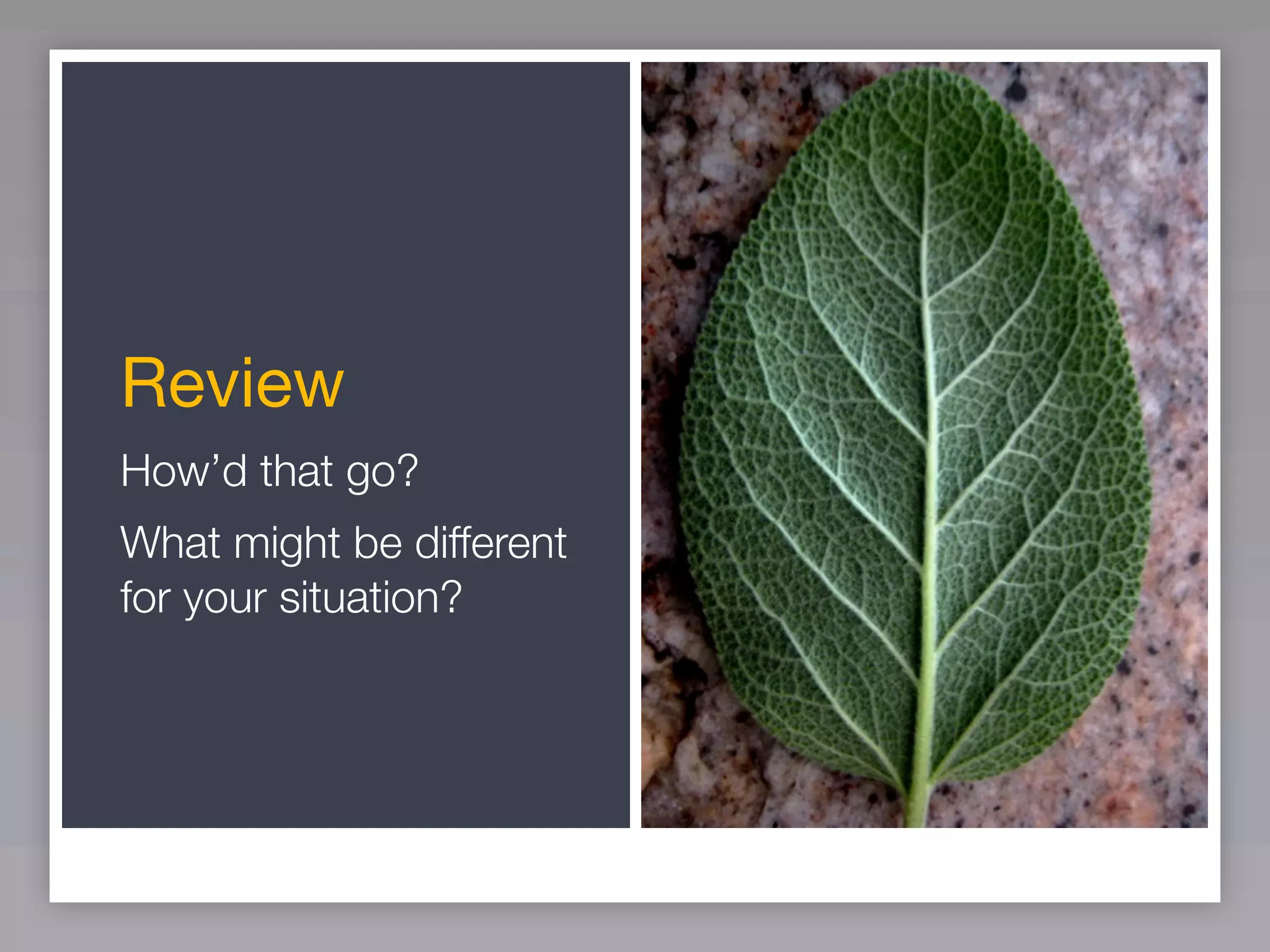 Review
How’d that go?
What might be different
for your situation?
 