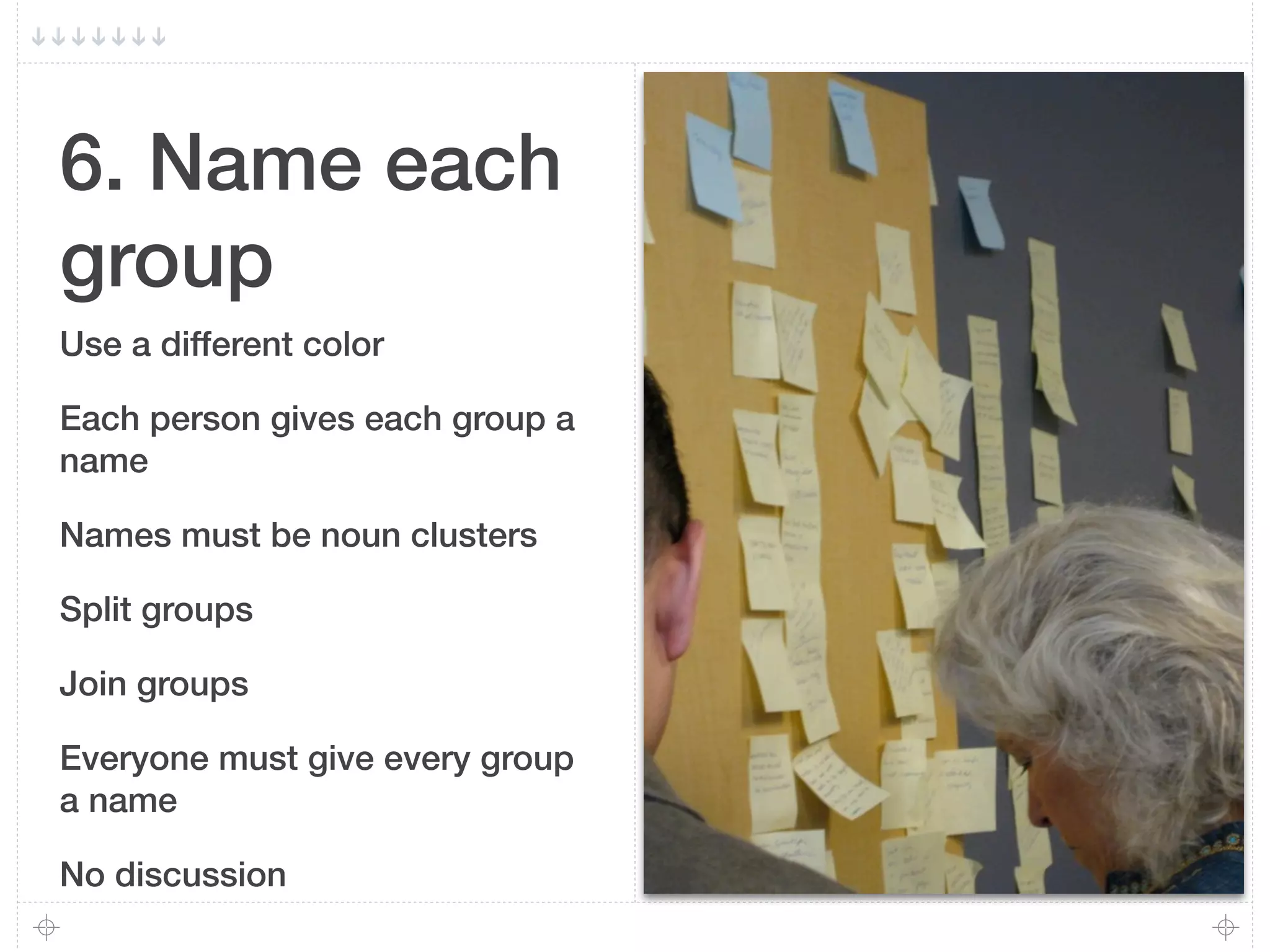 6. Name each
group
Use a different color

Each person gives each group a
name

Names must be noun clusters

Split groups

Join groups

Everyone must give every group
a name

No discussion
 