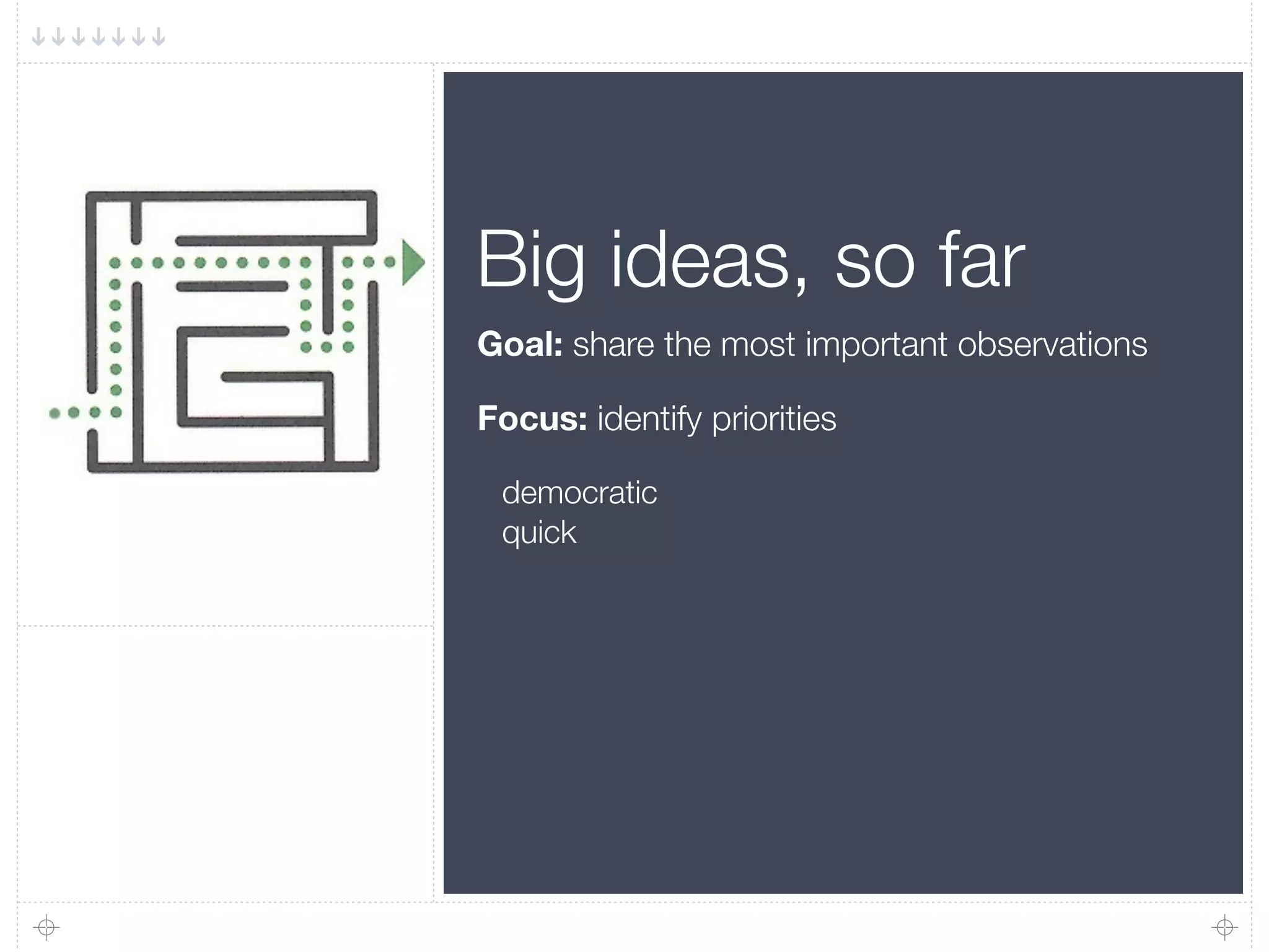 Big ideas, so far
Goal: share the most important observations

Focus: identify priorities

 democratic
 quick
 