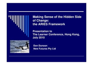 Making Sense of the Hidden Side
of Change:
the ARIES Framework
Presentation to
The Learner Conference, Hong Kong,
July 2010
Don Dunoon
New Futures Pty Ltd
 