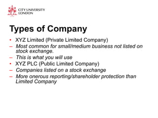 Types of Company 
• XYZ Limited (Private Limited Company) 
– Most common for small/medium business not listed on 
stock exchange. 
– This is what you will use 
• XYZ PLC (Public Limited Company) 
– Companies listed on a stock exchange 
– More onerous reporting/shareholder protection than 
Limited Company 
 