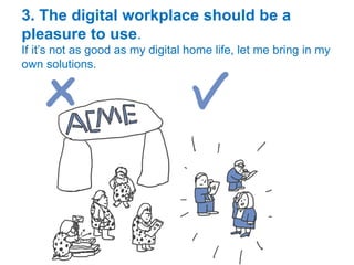 8. Work doesn’t stop at the firewall.
Our digital workplace should encompass customers,
suppliers, partners and contacts.
 