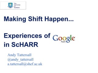Making Shift Happen...

Experiences of
in ScHARR
    Andy Tattersall
e
    @andy_tattersall
    a.tattersall@shef.ac.uk
 