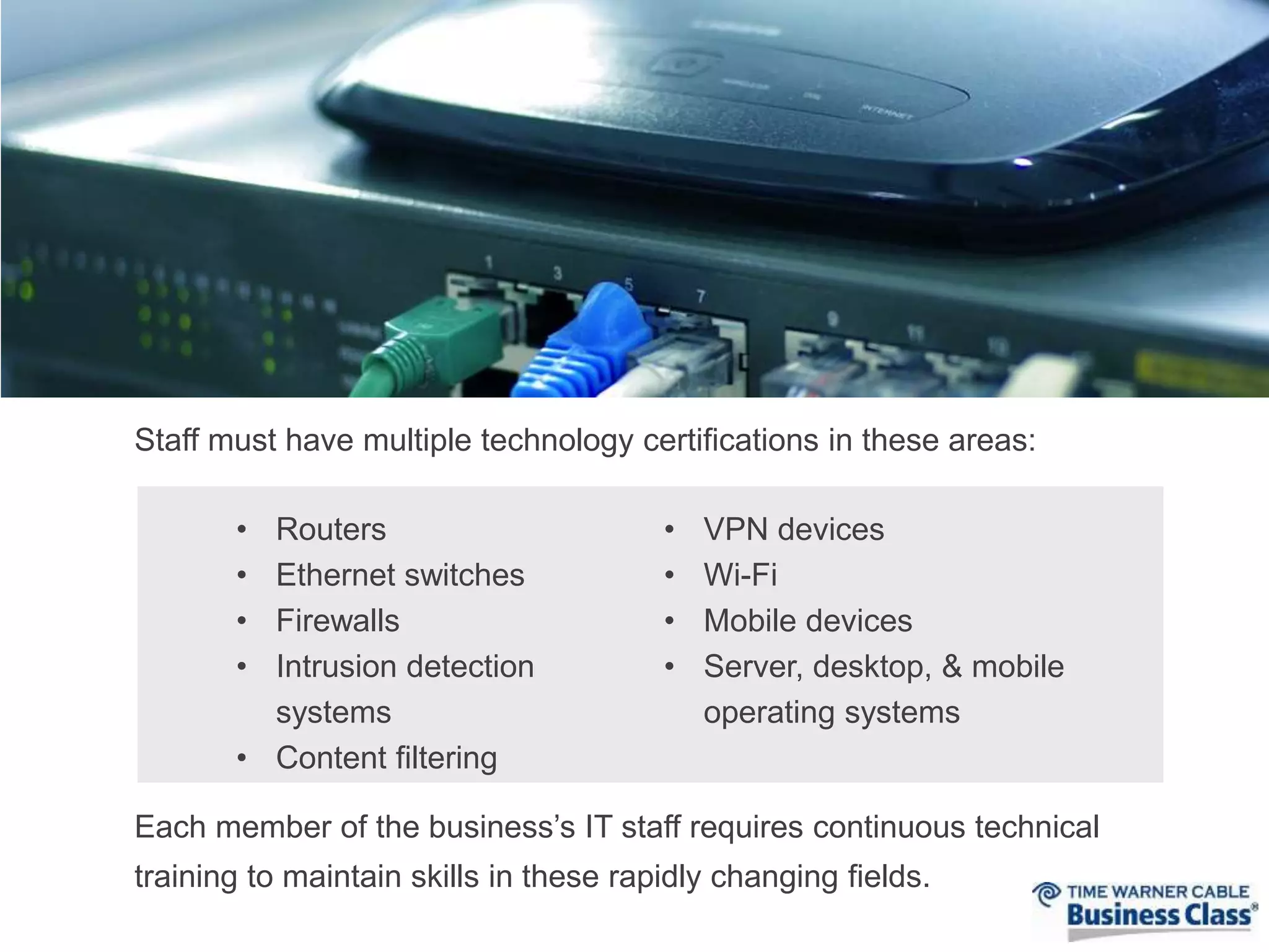 Staff must have multiple technology certifications in these areas: 
• Routers 
• Ethernet switches 
• Firewalls 
• Intrusion detection 
systems 
• Content filtering 
• VPN devices 
• Wi-Fi 
• Mobile devices 
• Server, desktop, & mobile 
operating systems 
Each member of the business’s IT staff requires continuous technical 
training to maintain skills in these rapidly changing fields. 
 