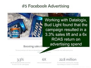 #5 Facebook Advertising
Working with Datalogix,
Bud Light found that the
campaign resulted in a
3.3% sales lift and a 6x
ROAS return on
advertising spend

Photo Credit Flickr: avlxyz

 