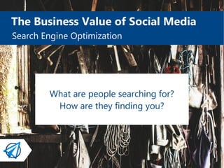 The Business Value of Social Media
Search Engine Optimization
What are people searching for?
How are they finding you?
 