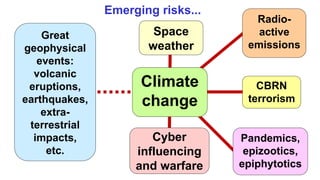 Radio-
active
emissions
CBRN
terrorism
Pandemics,
epizootics,
epiphytotics
Cyber
influencing
and warfare
Climate
change
Emerging risks...
Great
geophysical
events:
volcanic
eruptions,
earthquakes,
extra-
terrestrial
impacts,
etc.
Space
weather
 
