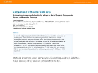 Creating Solubility Models with Reaxys | 14
Comparison with other data sets
Defined a training set of compounds/solubilities, and test sets that
have been used for several comparative studies
 