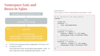Namespace Gate and
Rosco in Nginx
● include /etc/nginx/sites-enabled in main nginx conf
● on deploy, symlink
/etc/nginx/sites-available/spinnaker.conf =>
/etc/nginx/sites-enabled/spinnaker.conf
[spinnaker]
/etc/nginx/sites-available/spinnaker.conf
# all services on the same machine
server {
listen 80;
location / {
root /opt/deck/html;
}
# namespacing gate
location ~* ^/gate/ {
rewrite ^/gate/(.*) /$1 break;
proxy_pass http://localhost:8084;
}
# namespacing rosco
location ~* ^/rosco/ {
rewrite ^/rosco/(.*) /$1 break;
proxy_pass http://localhost:8087;
}
}
ELB
HTTP 80 ⇒ HTTP 80
nginx 80
/ => /opt/deck/html
/gate/health => localhost:8084/health
/rosco/health => localhost:8087/health
EC2
spinnaker.<internal-domain>.com
 