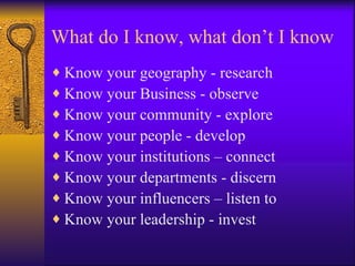 What do I know, what don’t I know
♦ Know your geography - research
♦ Know your Business - observe
♦ Know your community - explore
♦ Know your people - develop
♦ Know your institutions – connect
♦ Know your departments - discern
♦ Know your influencers – listen to
♦ Know your leadership - invest
 