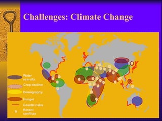Challenges: Climate Change




Water
scarcity
Crop decline

Demography

Hunger
Coastal risks
Recent
conflicts
 