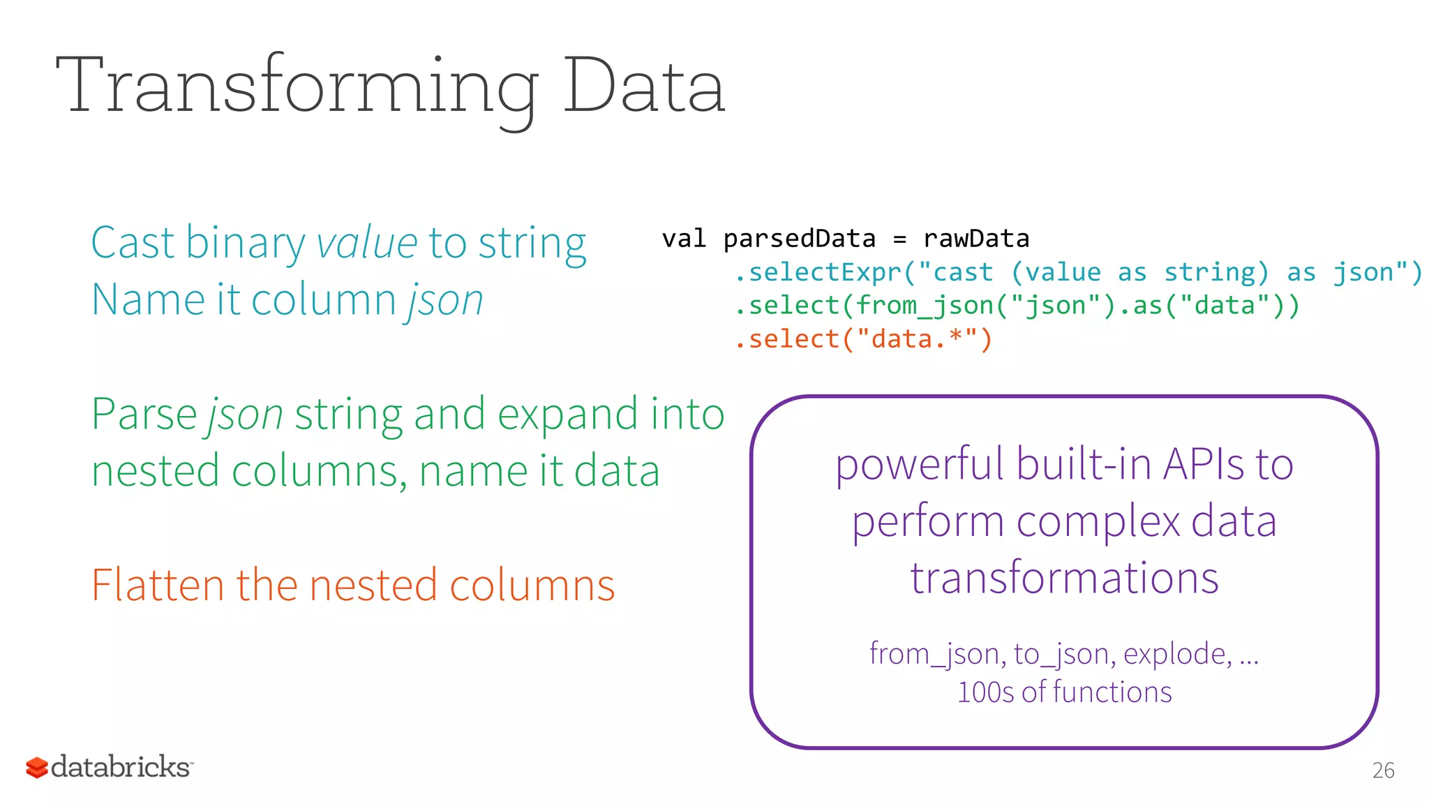 Transforming Data
Cast binary value to string
Name it column json
Parse json string and expand into
nested columns, name it data
Flatten the nested columns
26
val parsedData = rawData
.selectExpr("cast (value as string) as json")
.select(from_json("json").as("data"))
.select("data.*")
powerful built-in APIs to
perform complex data
transformations
from_json, to_json, explode, ...
100s of functions
 