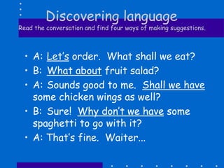 Discovering language
Read the conversation and find four ways of making suggestions.
• A: Let’s order. What shall we eat?
• B: What about fruit salad?
• A: Sounds good to me. Shall we have
some chicken wings as well?
• B: Sure! Why don’t we have some
spaghetti to go with it?
• A: That’s fine. Waiter...
 
