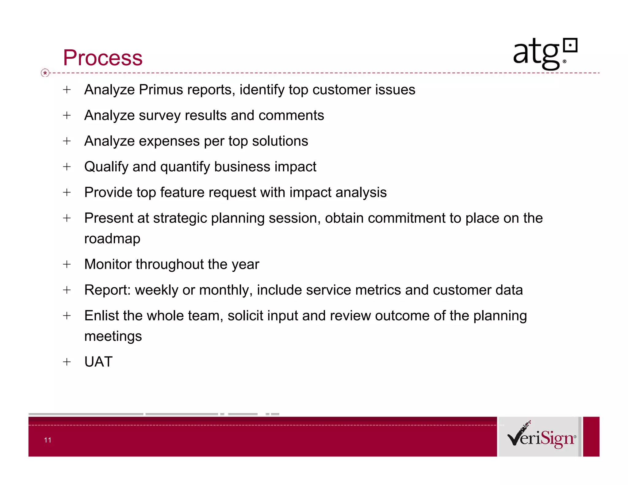Process
     + Analyze Primus reports identify top customer issues
                      reports,
     + Analyze survey results and comments
     + Analyze expenses per top solutions
     + Qualify and quantify business impact
     + Provide top feature request with impact analysis
     + Present at strategic planning session, obtain commitment to place on the
       roadmap
     + Monitor throughout the year
     + Report: weekly or monthly, include service metrics and customer data
     + Enlist the whole team, solicit input and review outcome of the planning
       meetings
     + UAT




11
 