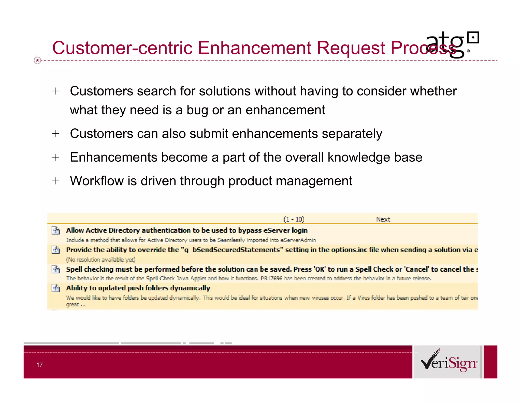 Customer-centric Enhancement Request Process

     + Customers search for solutions without having to consider whether
       what they need is a bug or an enhancement
     + Customers can also submit enhancements separately
     + Enhancements become a part of the overall knowledge base
     + Workflow is driven through product management




17
 
