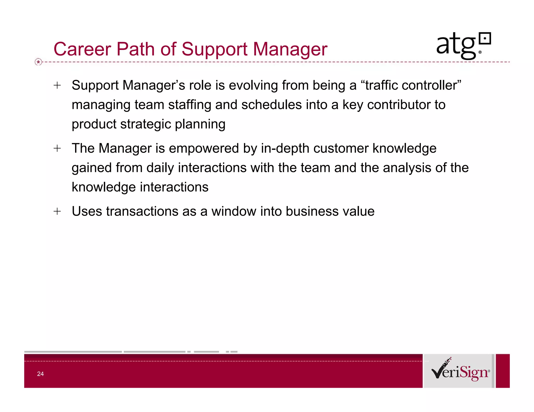 Career Path of Support Manager
     + Support Manager’s role is evolving from being a “traffic controller”
       managing team staffing and schedules into a key contributor to
       product strategic planning
     + The Manager is empowered by in-depth customer knowledge
       gained from daily interactions with the team and the analysis of the
       knowledge interactions
     + Uses transactions as a window into business value




24
 