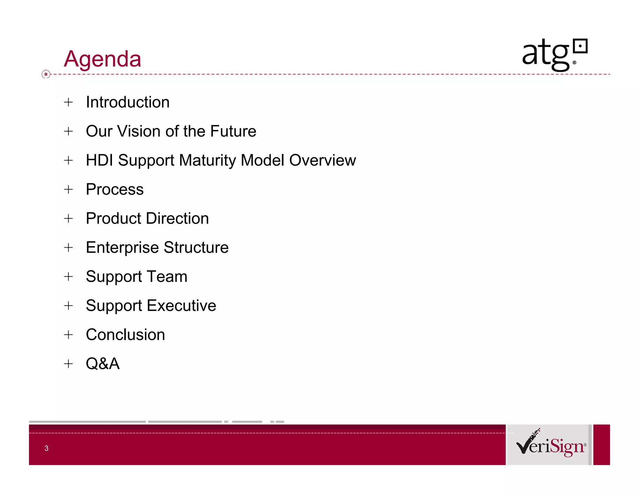 Agenda
    + Introduction
    + Our Vision of the Future
    + HDI Support Maturity Model Overview
    + Process
    + Product Direction
    + Enterprise Structure
    + Support Team
    + Support Executive
    + Conclusion
    + Q&A




3
 