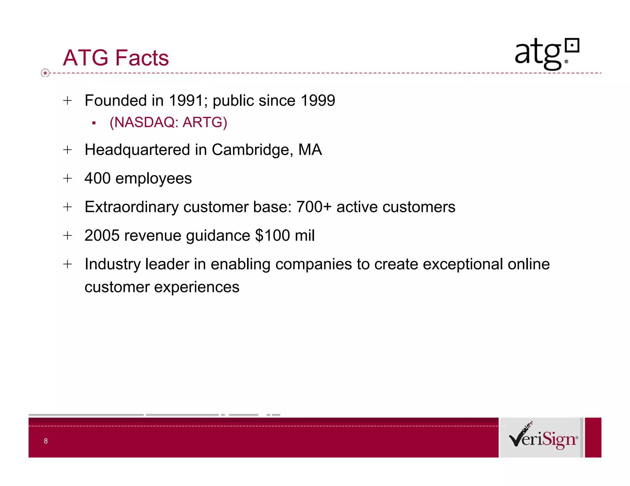 ATG Facts
    + Founded in 1991; public since 1999
       ▪   (NASDAQ: ARTG)
    + Headquartered in Cambridge MA
                       Cambridge,
    + 400 employees
    + Extraordinary cus o e base 700+ ac e cus o e s
          ao d a y customer base: 00 active customers
    + 2005 revenue guidance $100 mil
    + Industry leader in enabling companies to create exceptional online
      customer experiences




8
 