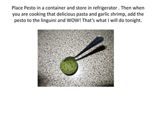 Place Pesto in a container and store in refrigerator . Then when
you are cooking that delicious pasta and garlic shrimp, add the
pesto to the linguini and WOW! That’s what I will do tonight.
 