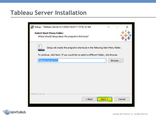 Tableau Server Installation
Copyright 2016 Senturus, Inc. All Rights Reserved.
 