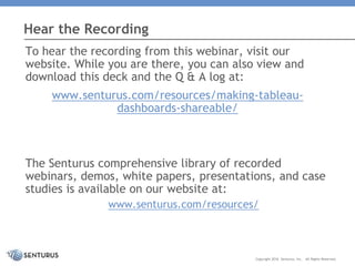 To hear the recording from this webinar, visit our
website. While you are there, you can also view and
download this deck and the Q & A log at:
www.senturus.com/resources/making-tableau-
dashboards-shareable/
The Senturus comprehensive library of recorded
webinars, demos, white papers, presentations, and case
studies is available on our website at:
www.senturus.com/resources/
Hear the Recording
Copyright 2016 Senturus, Inc. All Rights Reserved.
 
