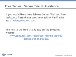 Free Tableau Server Trial & Assistance
If you would like a free Tableau Server Trial and free
assistance installing it send an email to Jim Frazier
at: jfrazier@senturus.com.
The link to the free trial is also on the Senturus
website:
www.senturus.com/resources/making-tableau-
dashboards-shareable/
.
Copyright 2016 Senturus, Inc. All Rights Reserved.
 