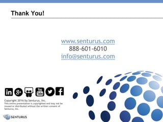 Thank You!
www.senturus.com
888-601-6010
info@senturus.com
Copyright 2016 by Senturus, Inc.
This entire presentation is copyrighted and may not be
reused or distributed without the written consent of
Senturus, Inc.
 