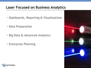 • Dashboards, Reporting & Visualizations
• Data Preparation
• Big Data & Advanced Analytics
• Enterprise Planning
Laser Focused on Business Analytics
Copyright 2016 Senturus, Inc. All Rights Reserved.
 