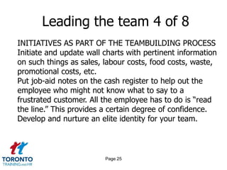 Page 23Leading the team 2 of 8MANAGERIAL ROLE CHANGESBecoming a better listenerCommunicate to a greater degree the values and “shared” meanings of the organizationGenerating a consensus of opinion among team members