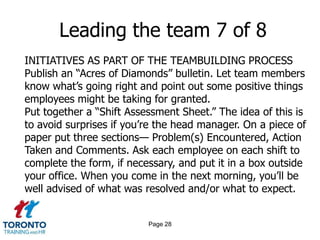 Page 26Leading the team 5 of 8INITIATIVES AS PART OF THE TEAMBUILDING PROCESSConstruct a Problem Avoidance List that can be placed where everyone can see it. Get the input of all team members as to what should go on thislist. You now have many eyes and ears spotting potential problems — such as wobbly chairs, burned-out lights, customers waiting, etc.