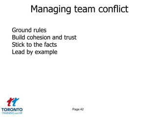 Page 40Create a culture of teamworkLeaders communicate the clear expectation that teamwork and collaboration are expectedLeaders model teamwork in their interaction with each other and the rest of the organizationThe organization members talk about and identify the value of a teamwork cultureTeamwork is rewarded and recognizedImportant stories and folklore that people discuss within the company emphasize teamworkThe performance management system places emphasis and value on teamwork