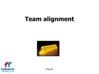 Page 44Challenges for the team 1 of 2Share as much information as you canAsk for their inputStretch your peopleMake it fun, actionable and visibleHelp people feel the challenge 