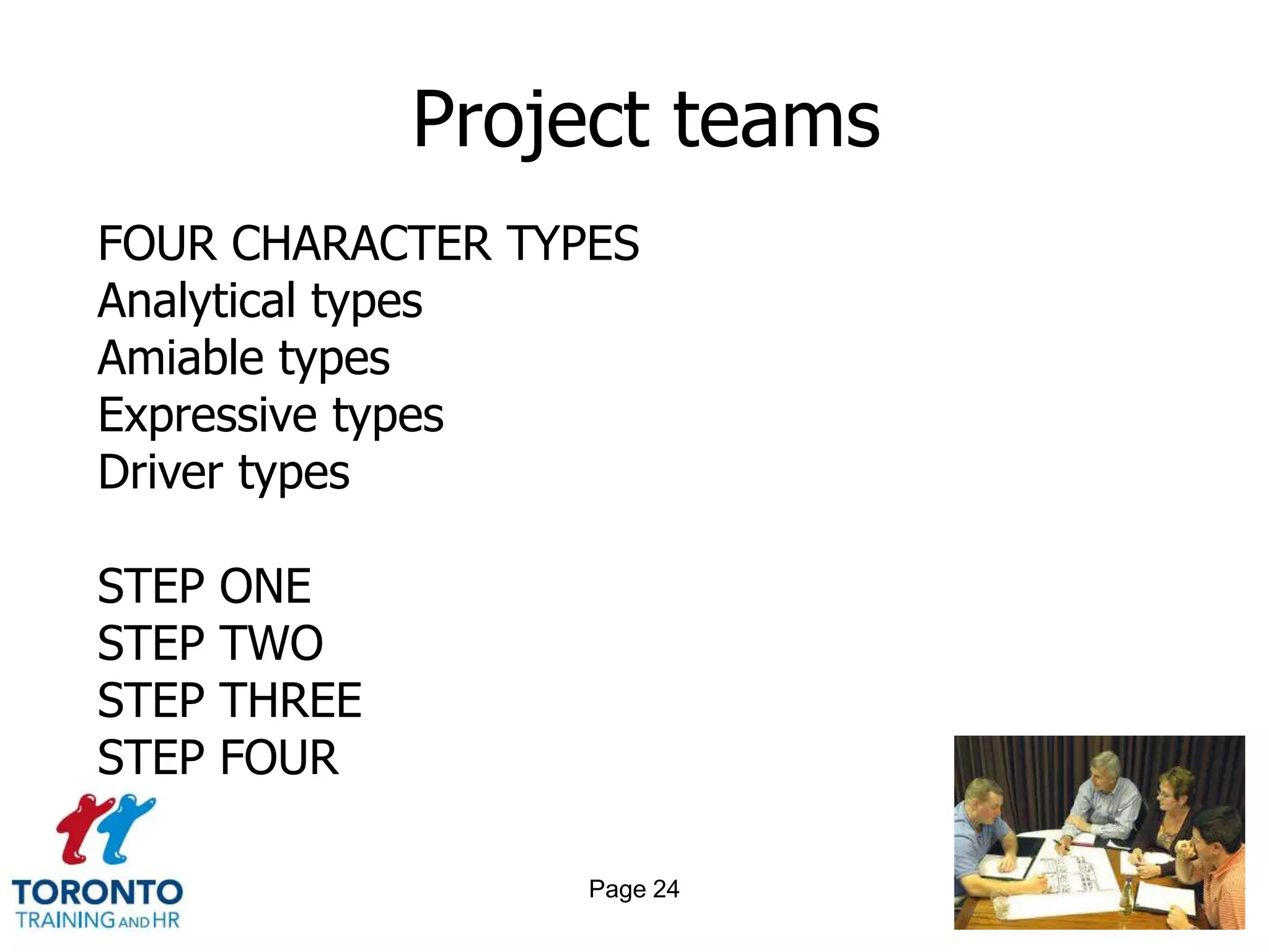 Project teams
FOUR CHARACTER TYPES
Analytical types
Amiable types
Expressive types
Driver types

STEP   ONE
STEP   TWO
STEP   THREE
STEP   FOUR

                   Page 24
 