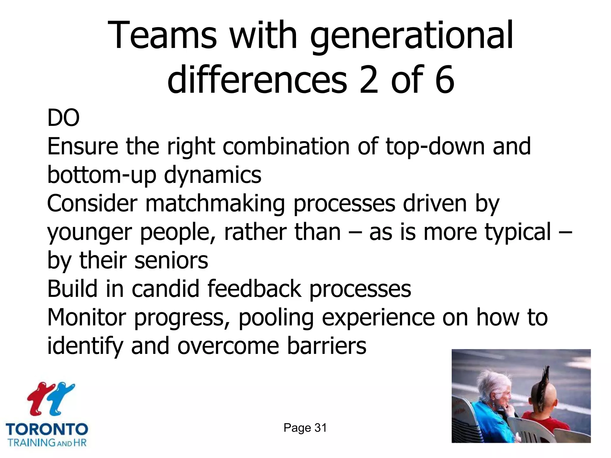 Teams with generational
        differences 2 of 6
DO
Ensure the right combination of top-down and
bottom-up dynamics
Consider matchmaking processes driven by
younger people, rather than – as is more typical –
by their seniors
Build in candid feedback processes
Monitor progress, pooling experience on how to
identify and overcome barriers


                      Page 31
 