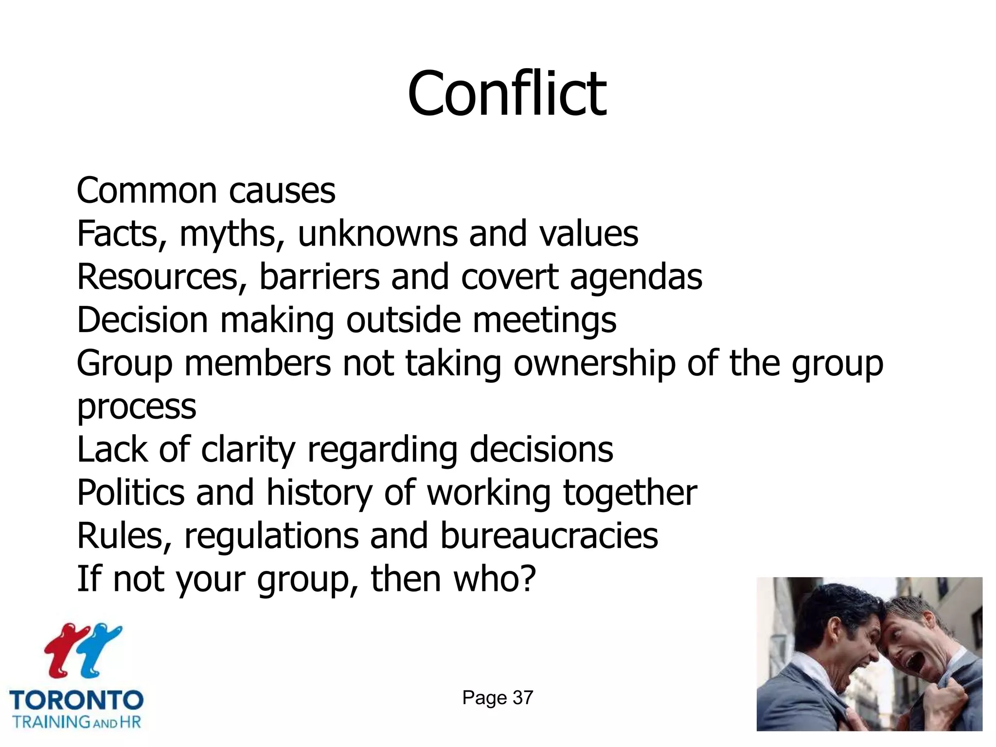 Conflict
Common causes
Facts, myths, unknowns and values
Resources, barriers and covert agendas
Decision making outside meetings
Group members not taking ownership of the group
process
Lack of clarity regarding decisions
Politics and history of working together
Rules, regulations and bureaucracies
If not your group, then who?


                      Page 37
 