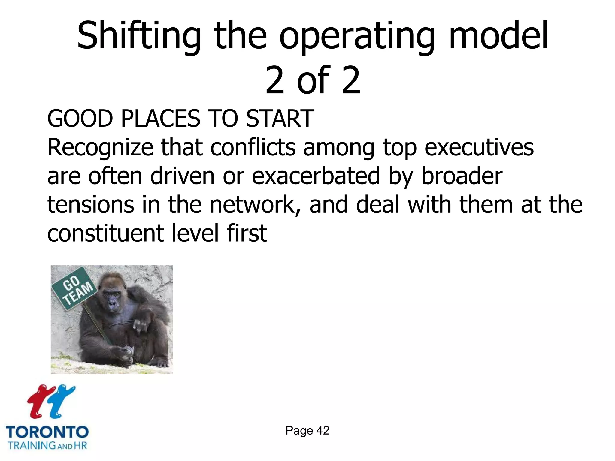 Shifting the operating model
              2 of 2
GOOD PLACES TO START
Recognize that conflicts among top executives
are often driven or exacerbated by broader
tensions in the network, and deal with them at the
constituent level first




                      Page 42
 